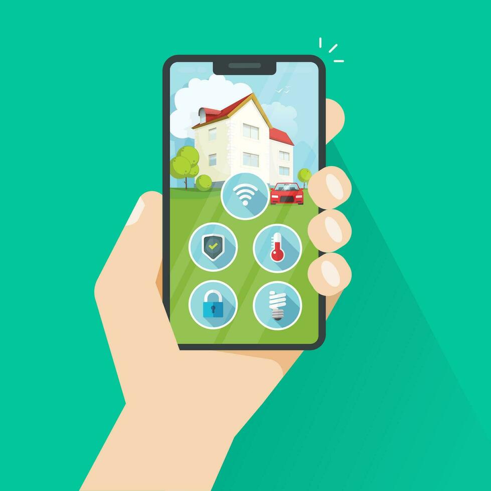 inteligente hogar en teléfono vector ilustración, plano dibujos animados proteccion y seguridad remoto controlar tecnología para casa vía Teléfono móvil o teléfono inteligente clipart