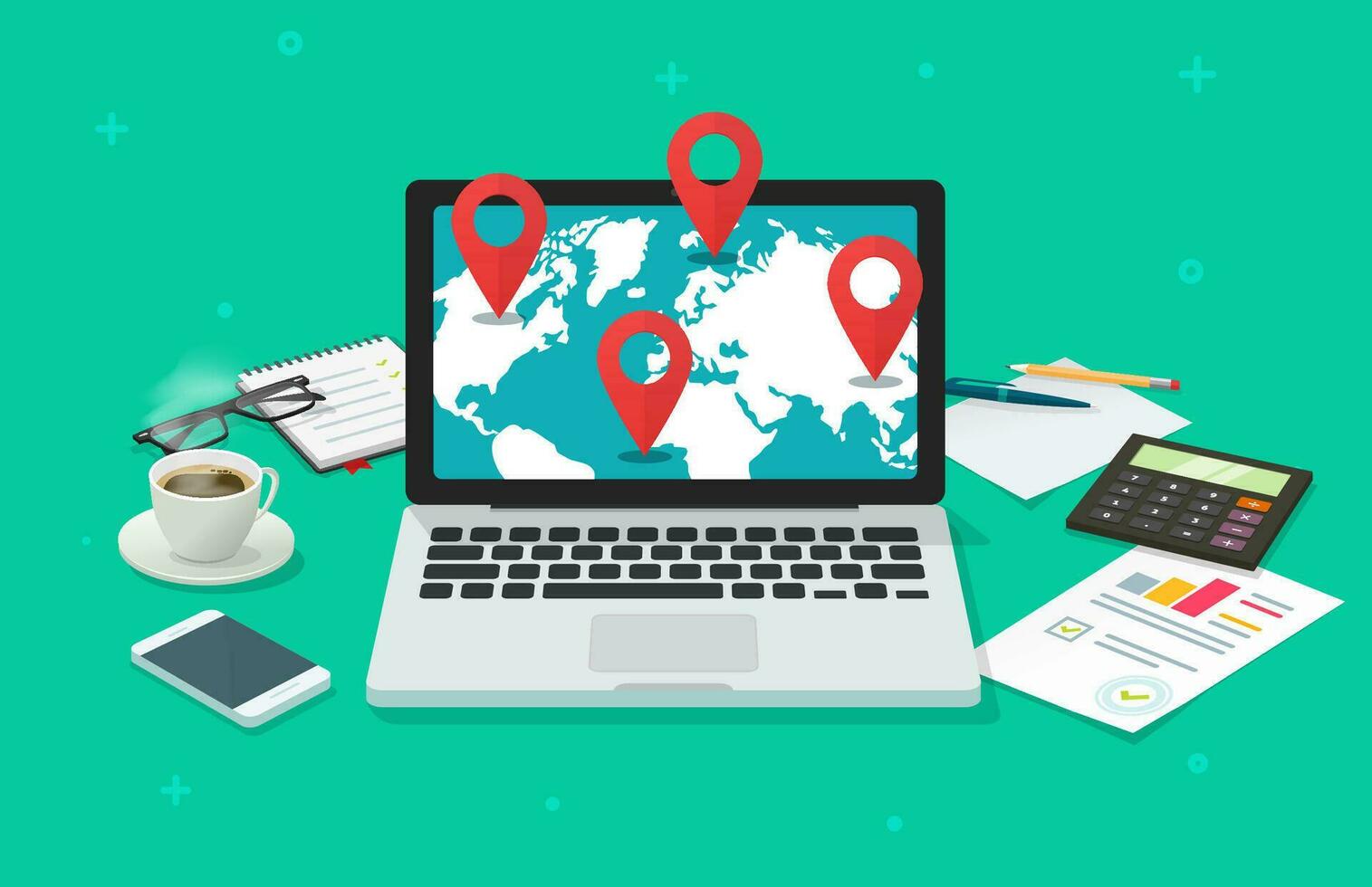 Global international destination or navigation online analysis vector illustration, flat cartoon laptop computer world map and pin pointers, global gps locations or logistic routines research desktop