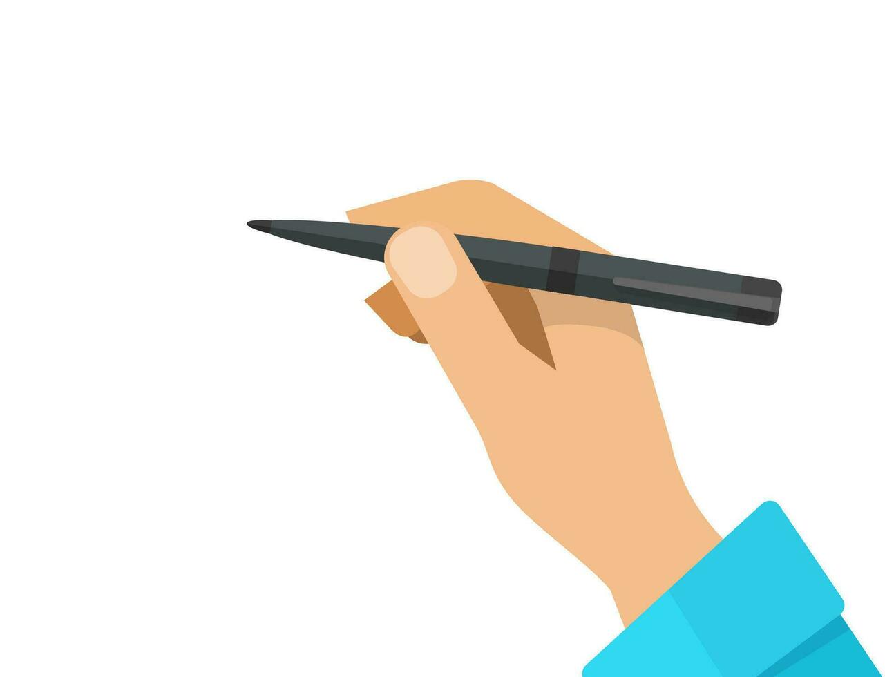 Hand with pencil vector illustration, flat cartoon hand holding pen isolated on white clipart