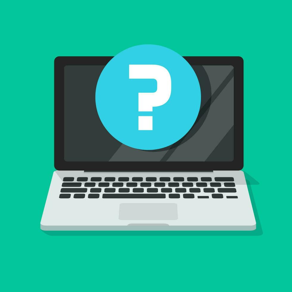 Question mark on computer screen vector icon, flat cartoon laptop pc with question symbol, idea of internet problem, online asking, faq help or questionnaire sign clipart