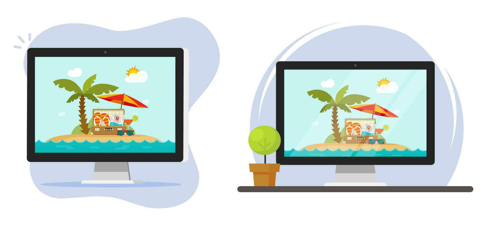 viaje turismo en línea digital en computadora ordenador personal pantalla vector icono gráfico imagen, viaje vacaciones Internet reserva servicio, playa mar recurso web solicitud clipart moderno diseño