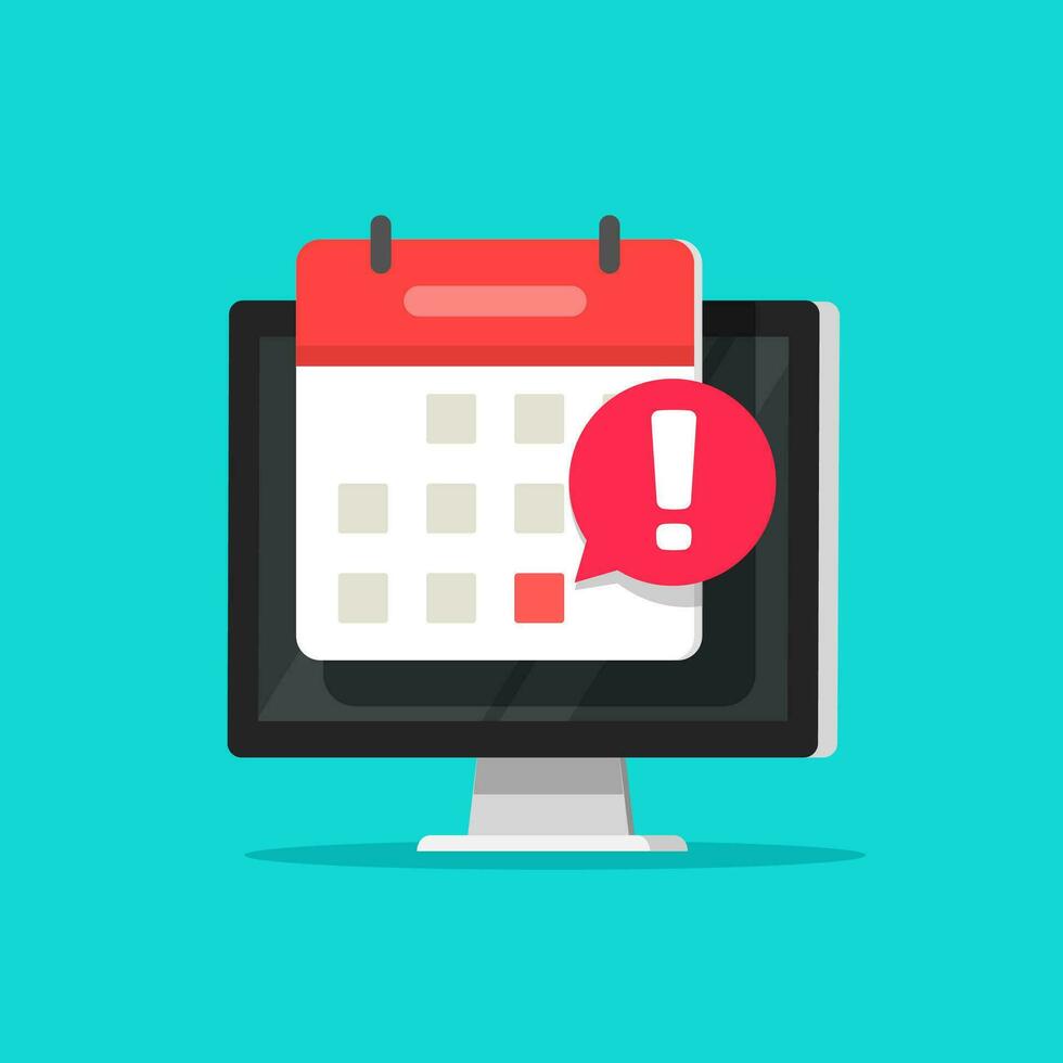 Calendar date alarm as deadline notification on computer screen vector symbol, flat cartoon event reminder scheduled on agenda icon isolated image