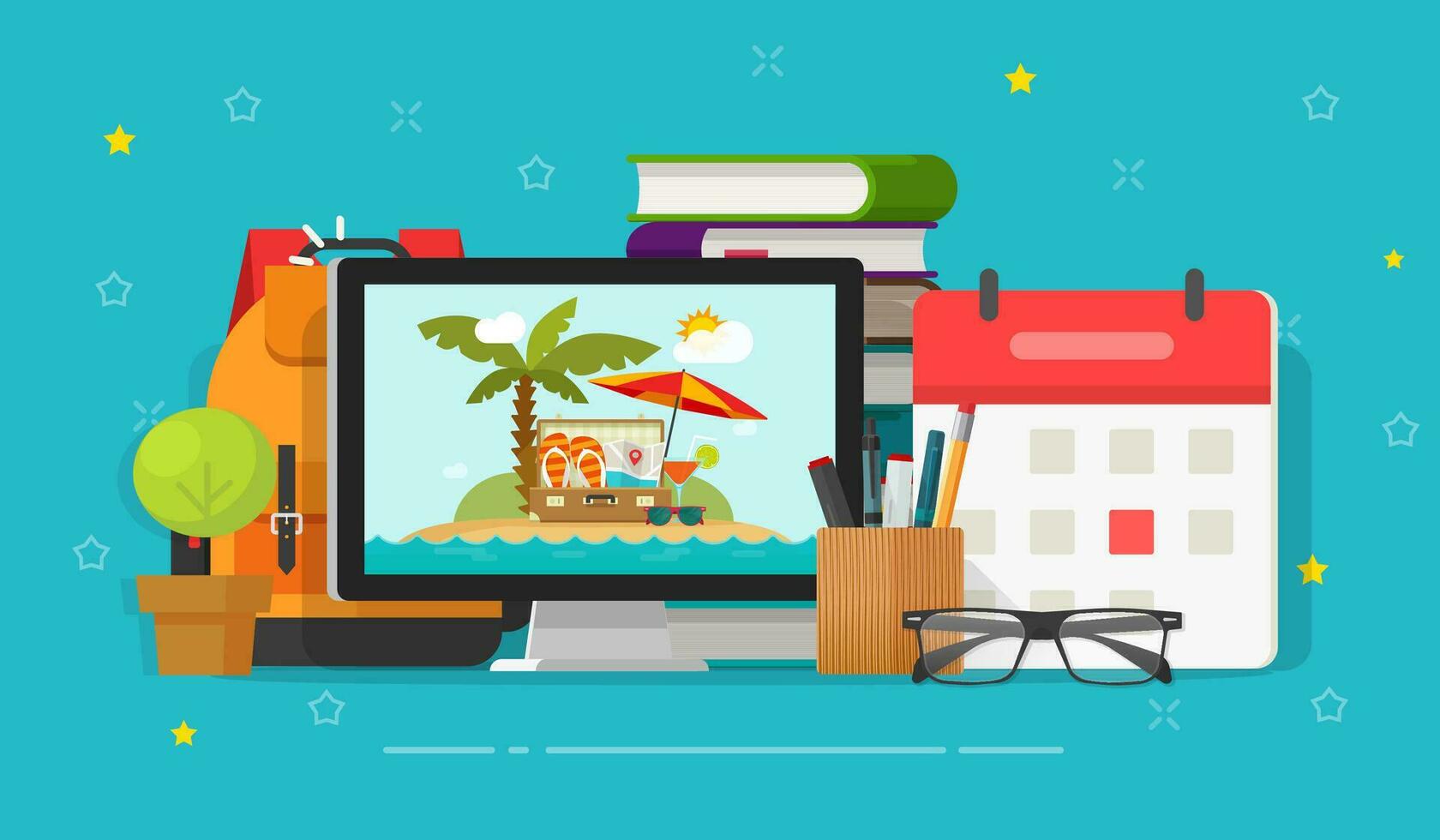 Travel or journey planning online vector illustration, flat cartoon office desk and resort on computer screen and tourist luggage and calendar date, vocation or holiday time schedule via internet