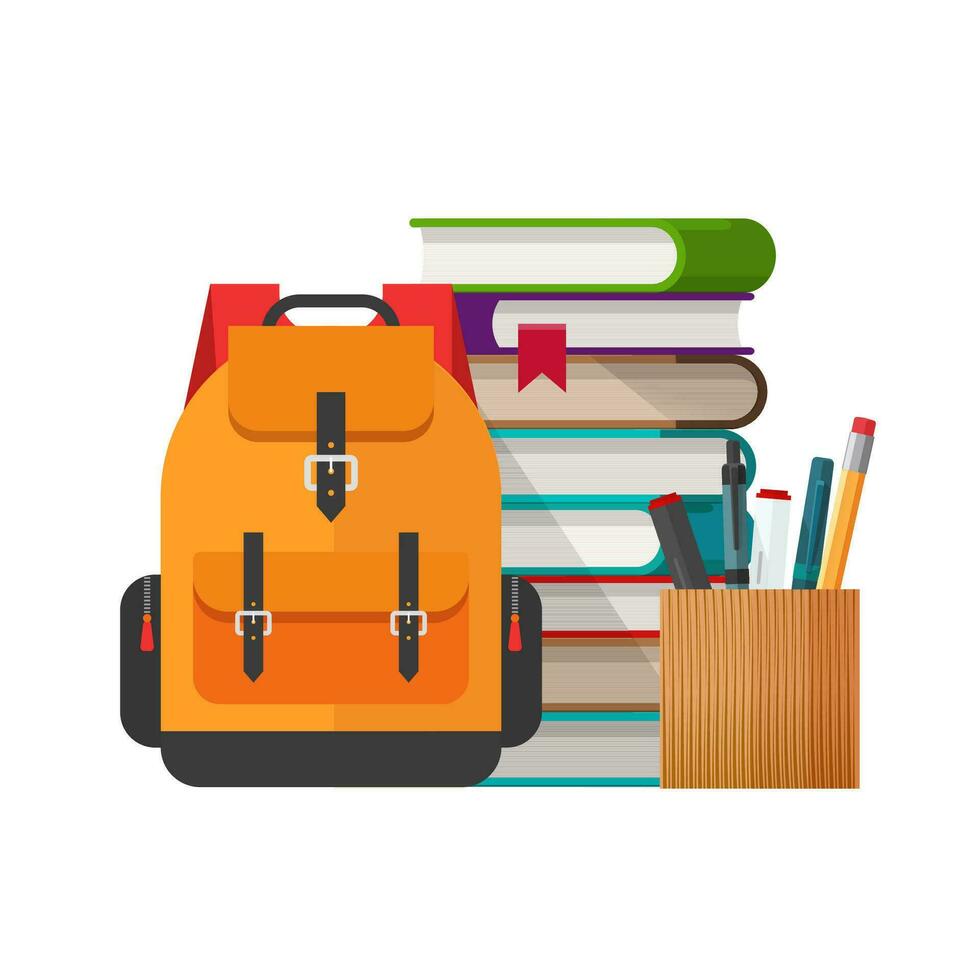 Educational or study stationery stuff vector illustration, flat cartoon backpack or school bag near books pile, pens and pencils, concept of back to school clipart