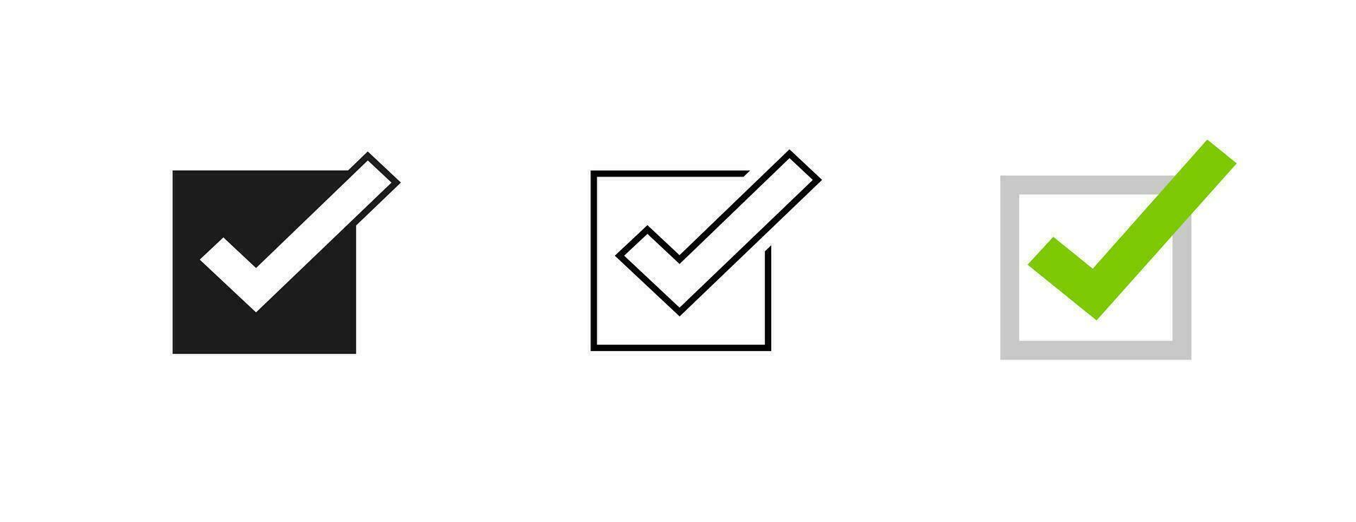 Poll vote choice check mark icon simple graphic checkbox vector set, black white tick check box checkmark square line outline flat design, correct right approve sign, conform yes valid checklist image