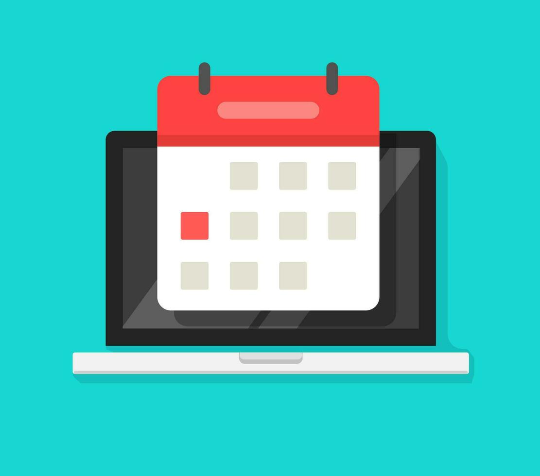 Calendar or agenda on laptop computer screen vector icon, flat cartoon online organizer app on pc display with event date reminder front view image