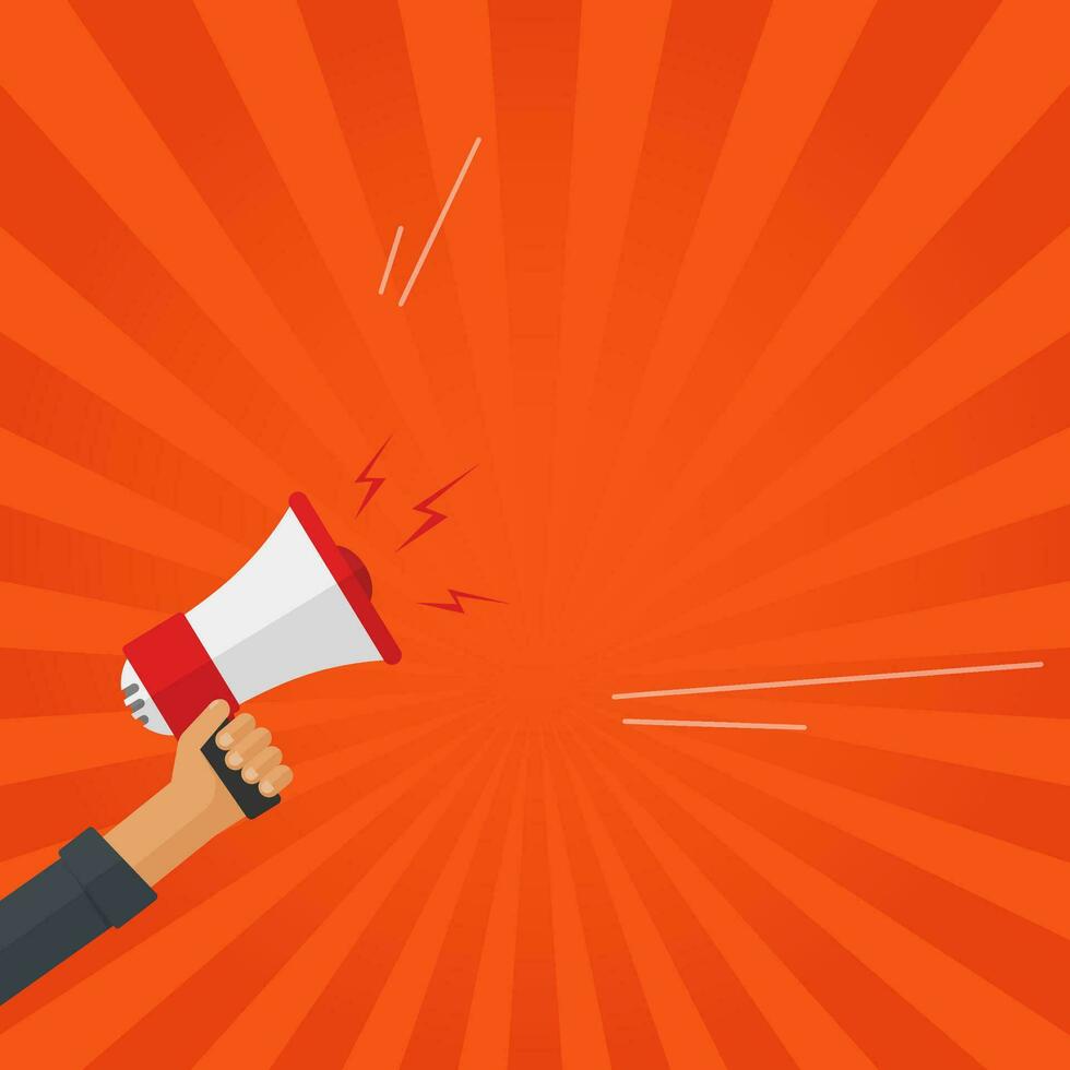 Loudspeaker or megaphone in hand shouting vector illustration, flat cartoon hand holding bullhorn with loud sound announcement and text for copy space square banner image