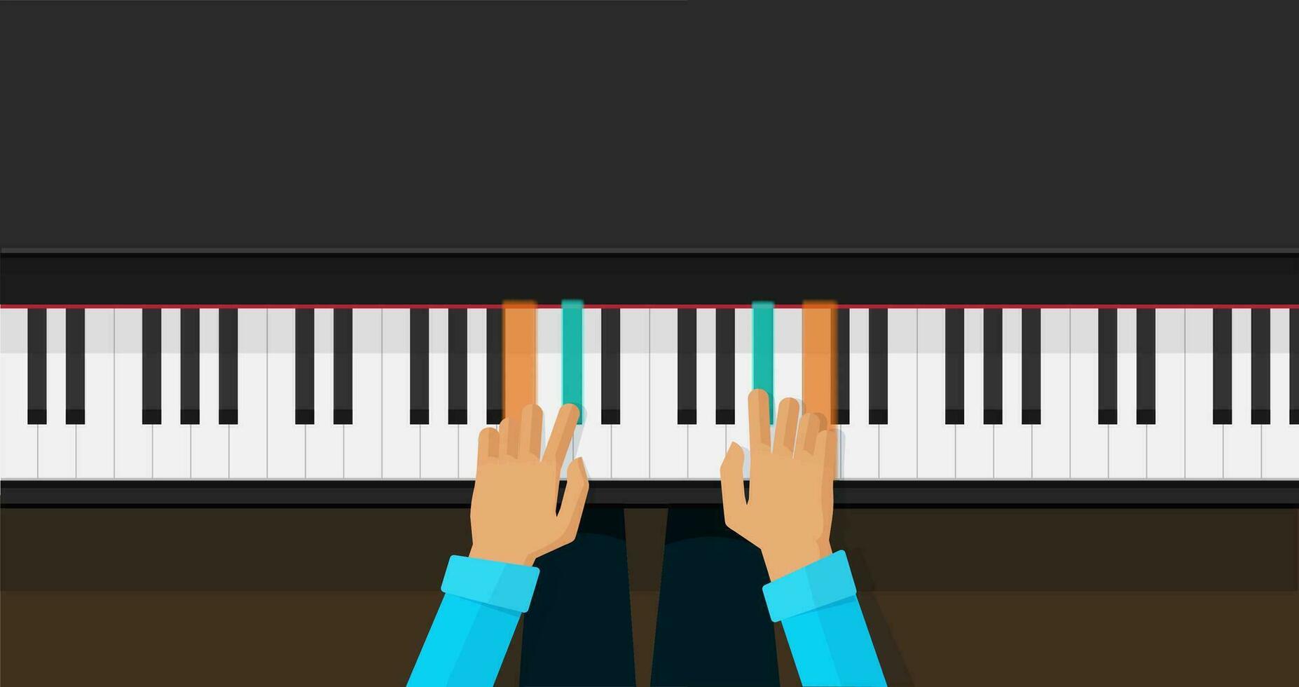 Piano keys with person hands learning play chords vector illustration, flat cartoon piano keyboard lesson app for studying top view image