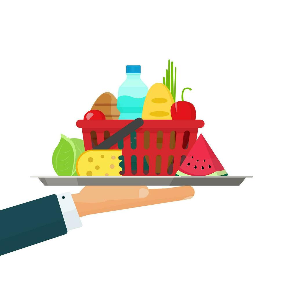 camarero mano con bandeja de tienda de comestibles comida vector ilustración, plano dibujos animados persona que lleva plato con comida aislado clipart