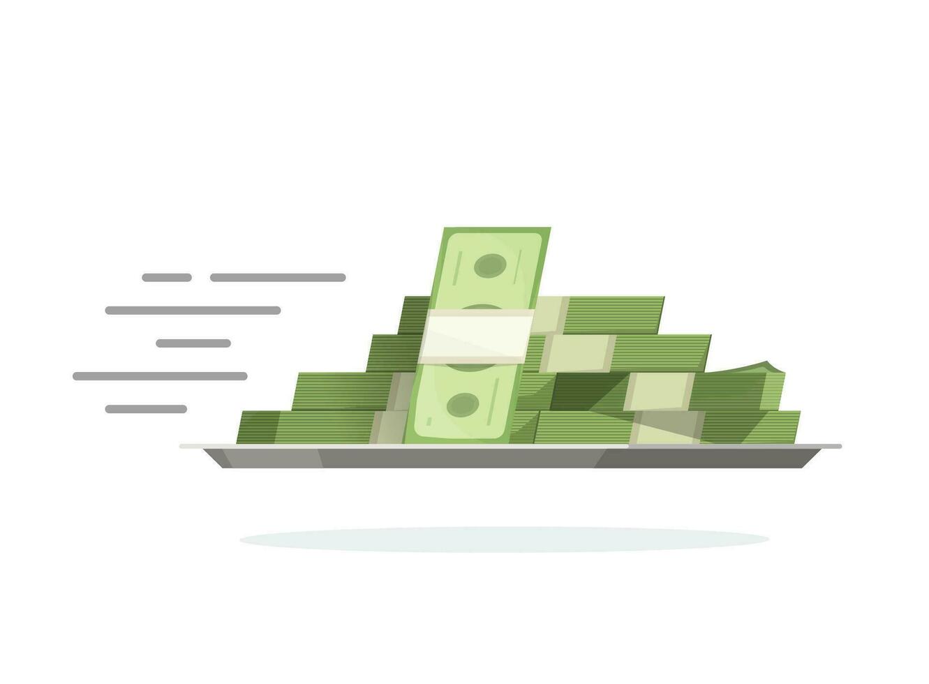 Fast flying money pile on tray vector illustration, flat cartoon cash stack moving or transferring fast, idea of quick payment of send, loan or credit receiving image