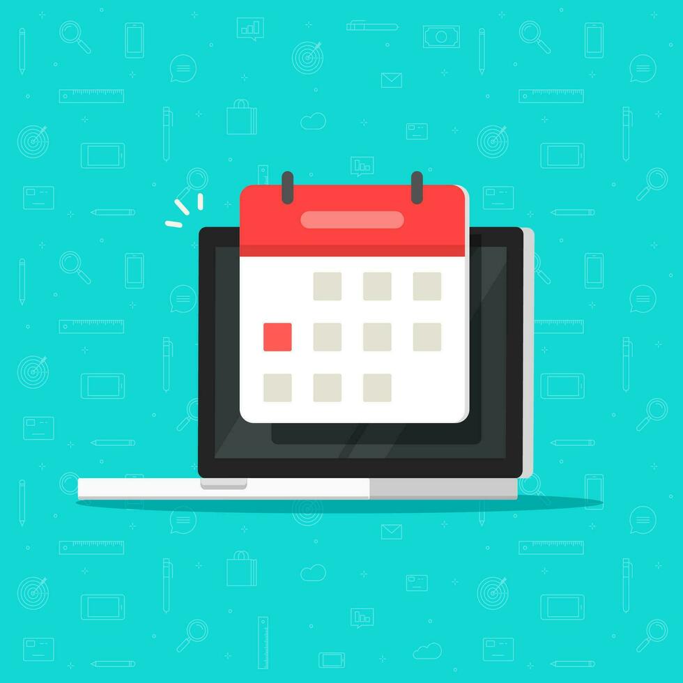 Laptop computer with calendar date or deadline event vector icon isolated flat cartoon clipart