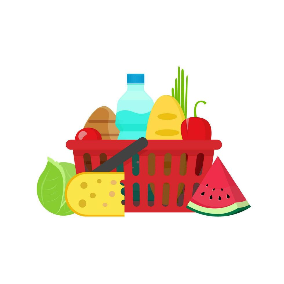 tienda de comestibles comida compras cesta vector ilustración plano caja de cartón diseño, Fresco sano orgánico comida aislado clipart