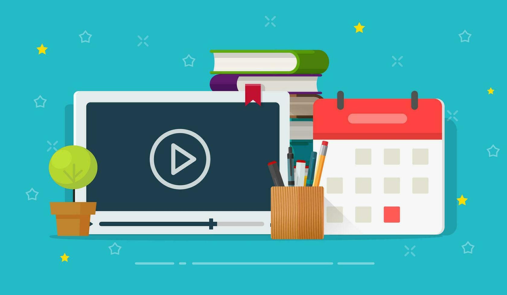 Online courses or webinar training vector illustration, flat cartoon video player and educational stuff, books, calendar and pens, idea of distant tutorial study or preparing to exam date, learning
