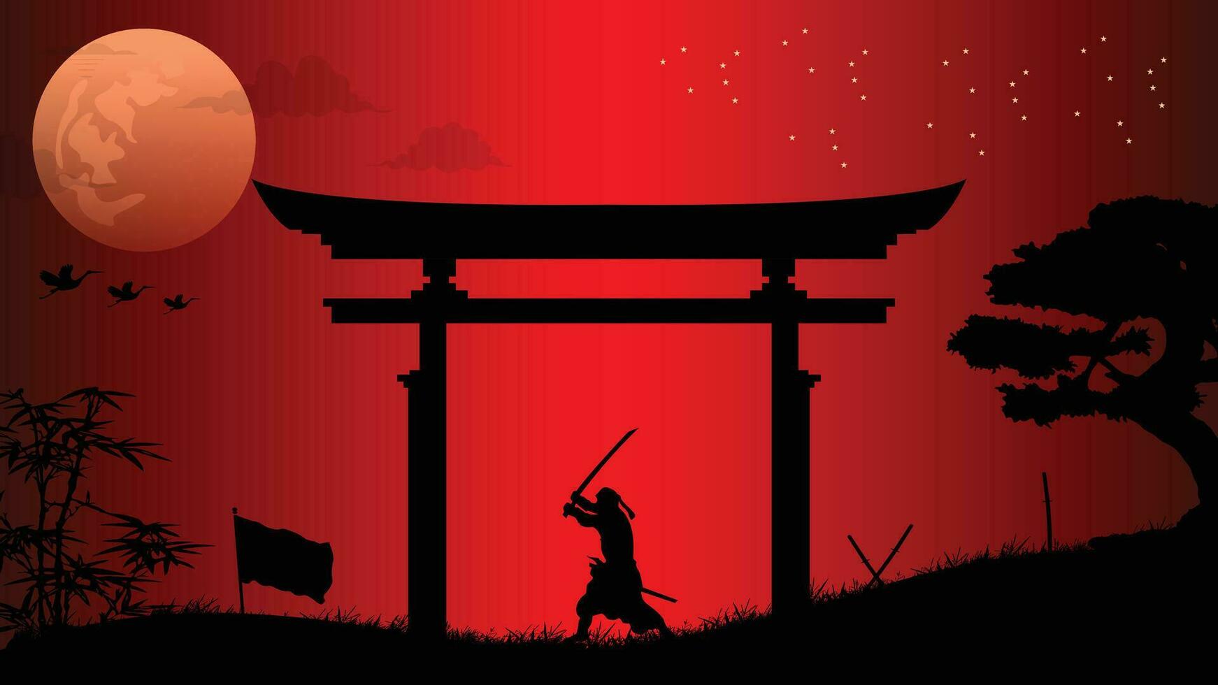 ilustración vector gráfico de ninjas, asesino, samurai formación a noche en un lleno Luna. Perfecto para fondo de pantalla, póster, etc.