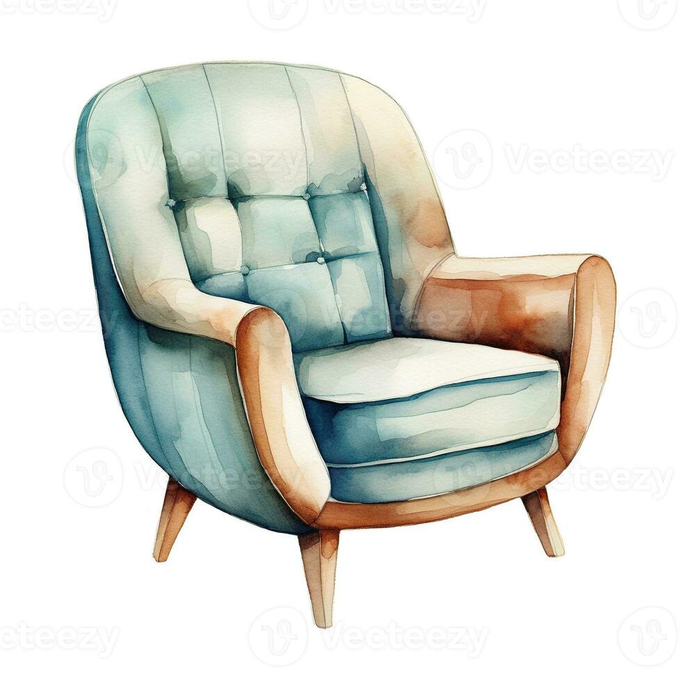 Watercolor illustration of a modern armchair in retro style. Single element, clipart, boho, cozy. Generative AI photo