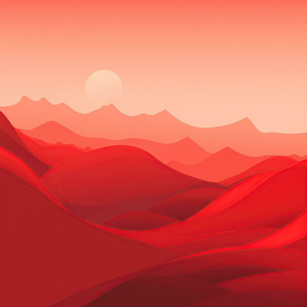 Red minimalistic landscape in the desert, image of nature, sky, hills. Generative AI photo