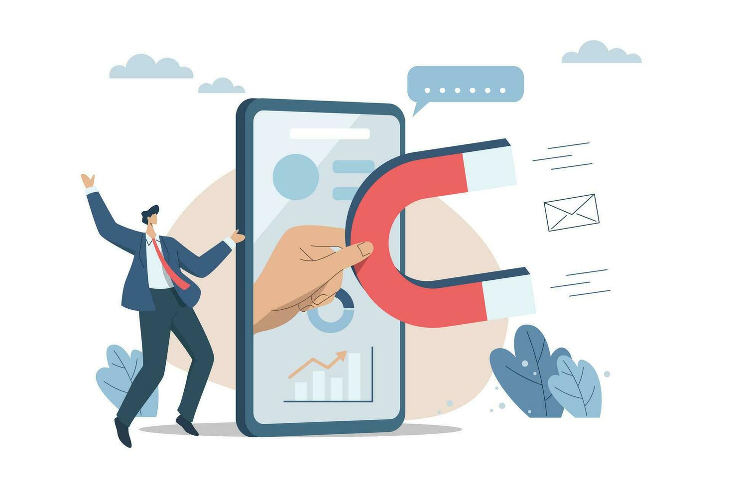 Marketing materials find more new customers and campaigns that attract new customers, Social media tools, Businessman and big hand holding magnet from smartphone. vector