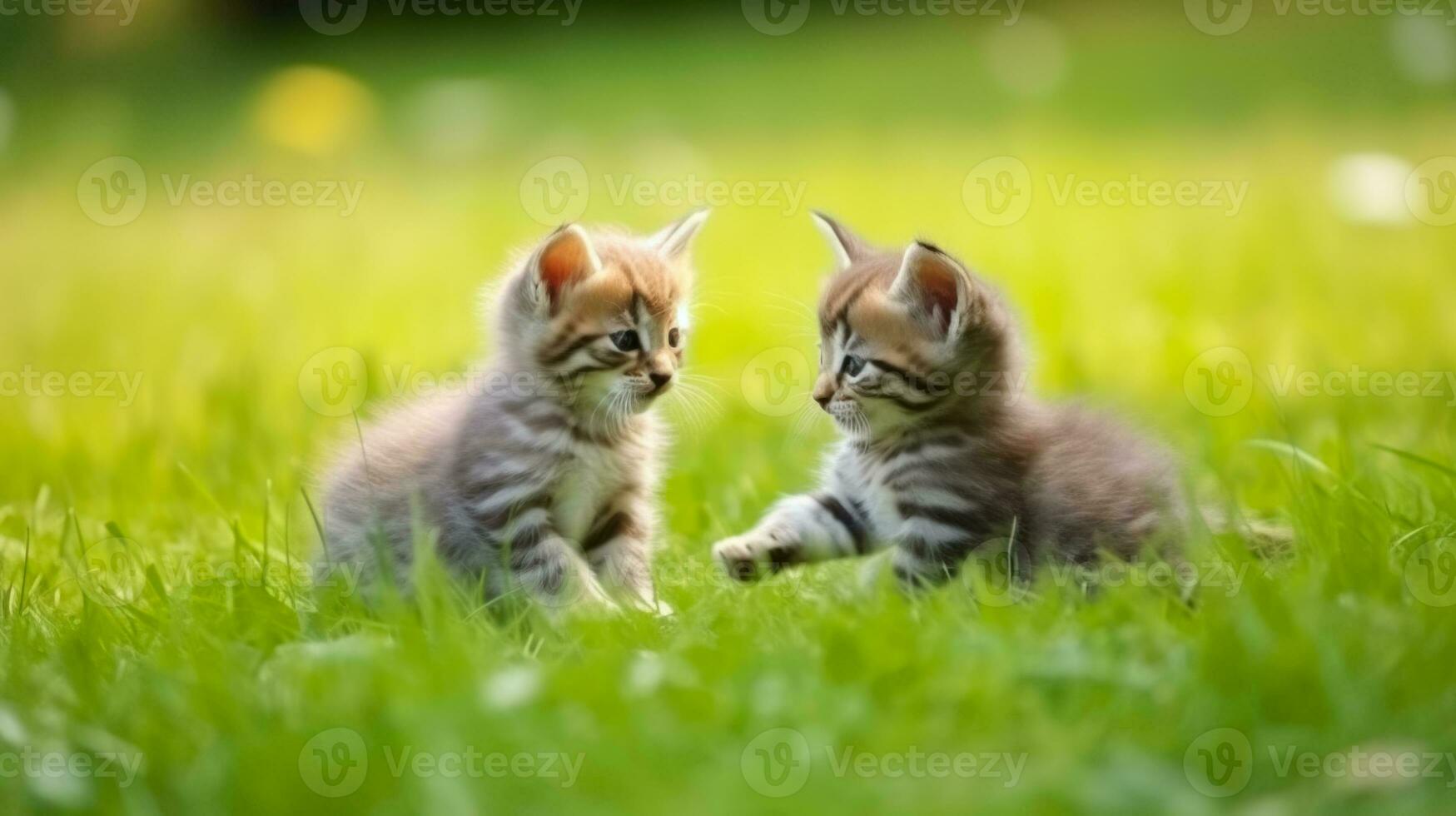 kittens playing on a green meadow, pet care, banner with copy space, world animal day. AI generated photo