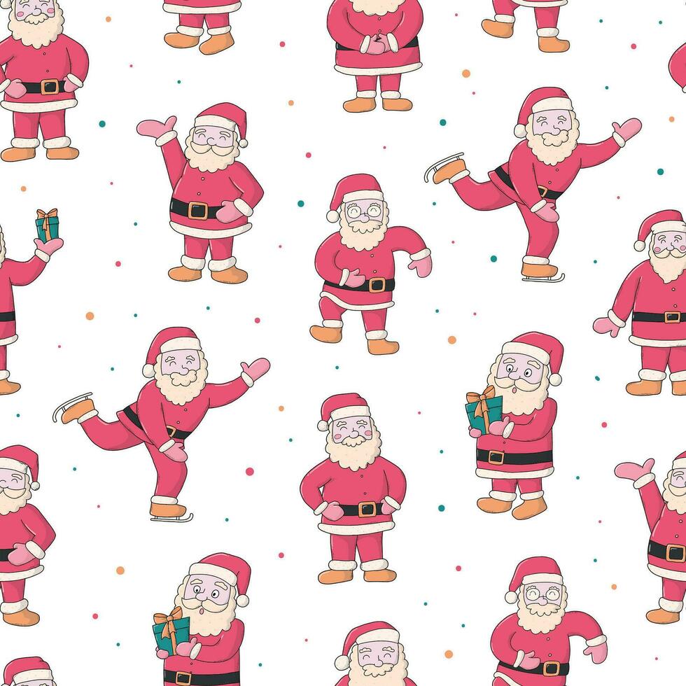 seamless pattern with hand drawn Santa Clauses posing in different ways for wallpaper, wrapping paper, scrapbooking, backgrounds, textile prints, etc. EPS 10 vector
