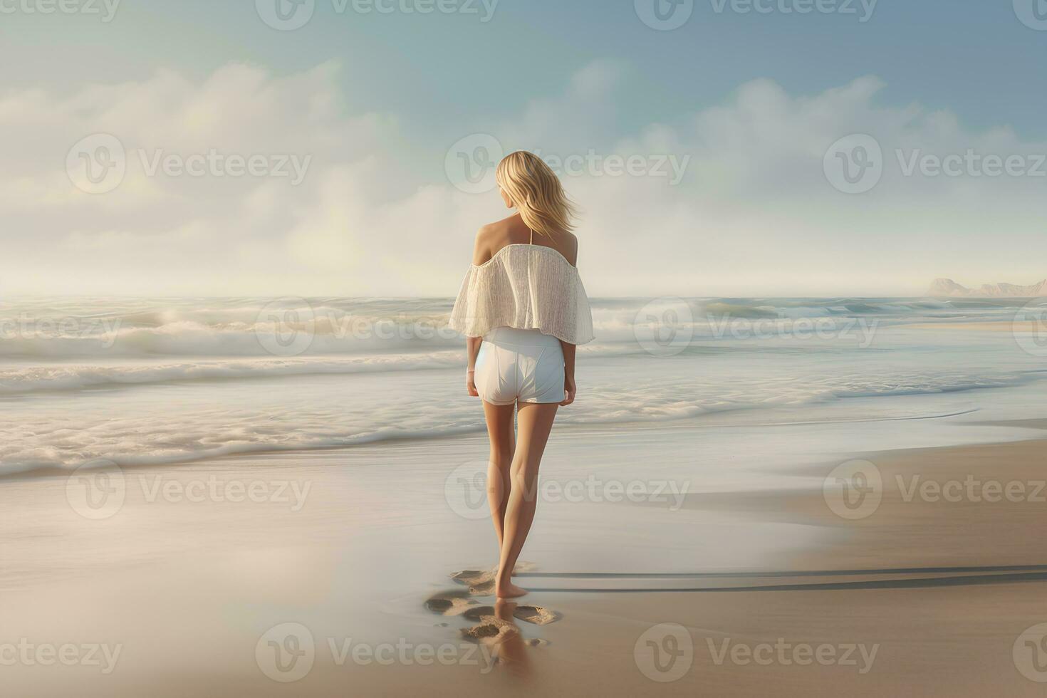 Woman walking on the beach rear view.  Photorealistic image. AI generated. photo