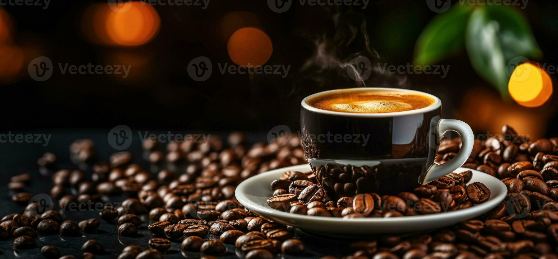cup and coffee beans on a wooden table, fragrant espresso in a bar, free space. Generative AI photo