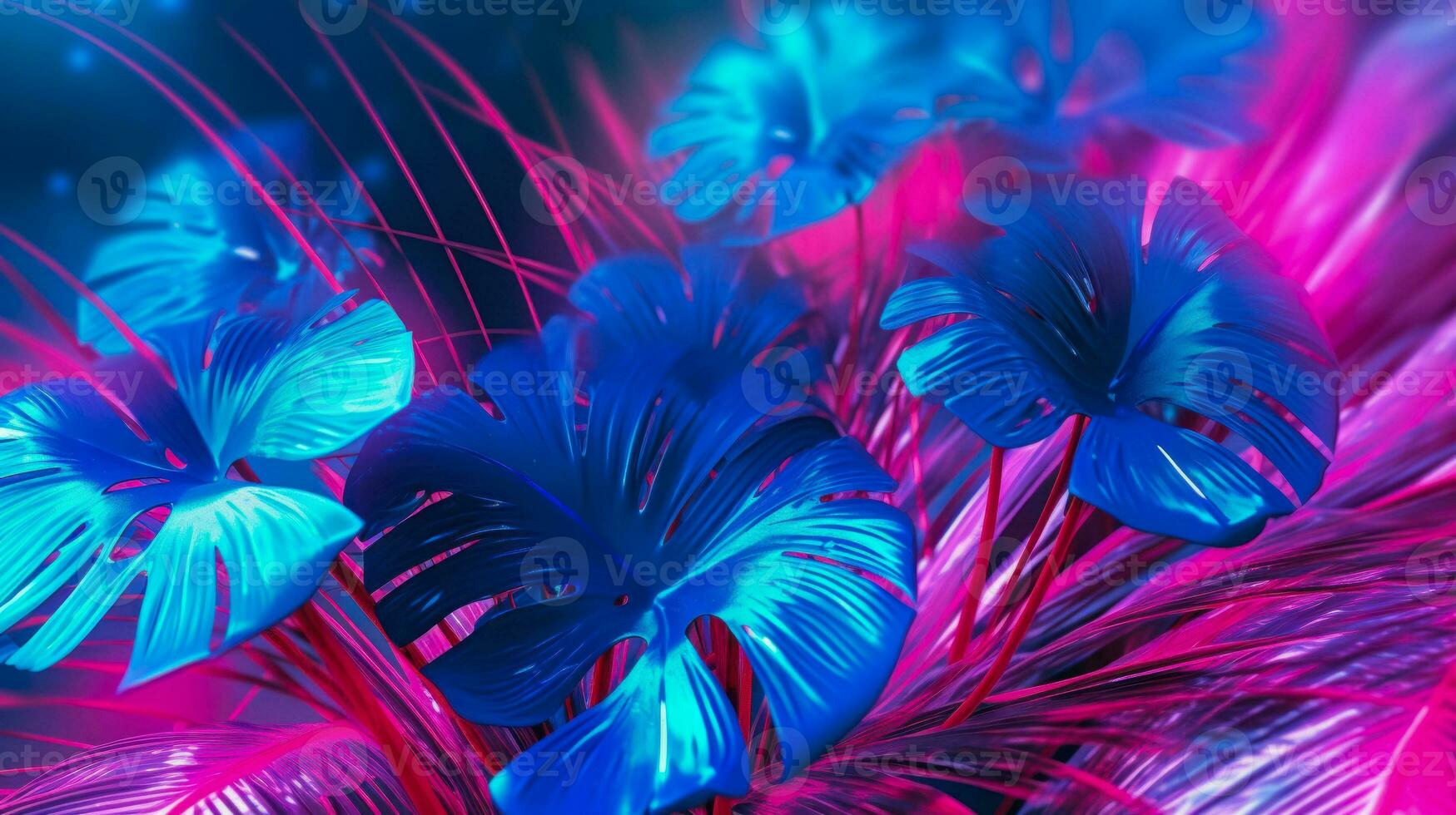 Neon jungle leaves background, idea for wallpaper or phone case. AI generated photo