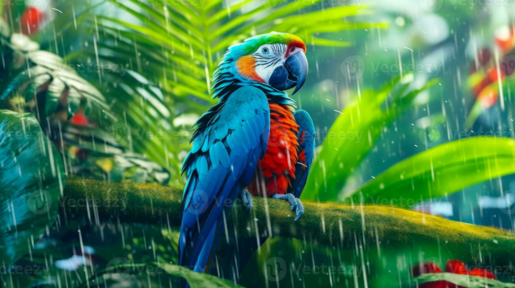 Multicolored macaw parrot on a branch under tropical rain in a jungle setting. AI generated photo