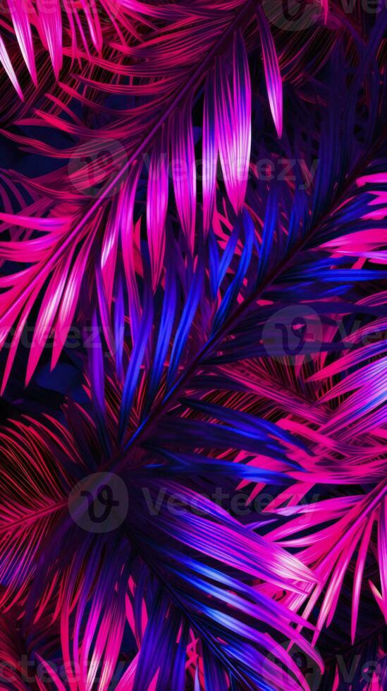Futuristic neon palm leaf background design, idea for vertical wallpaper or phone case. AI generated photo