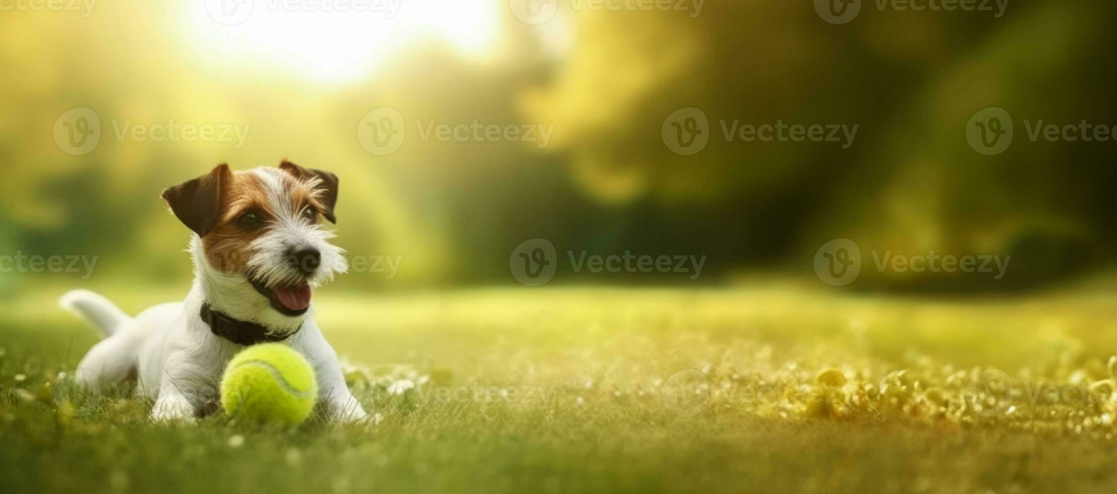 Jack Russell Terrier playing with a ball, pets, copy space, banner idea. AI generated photo
