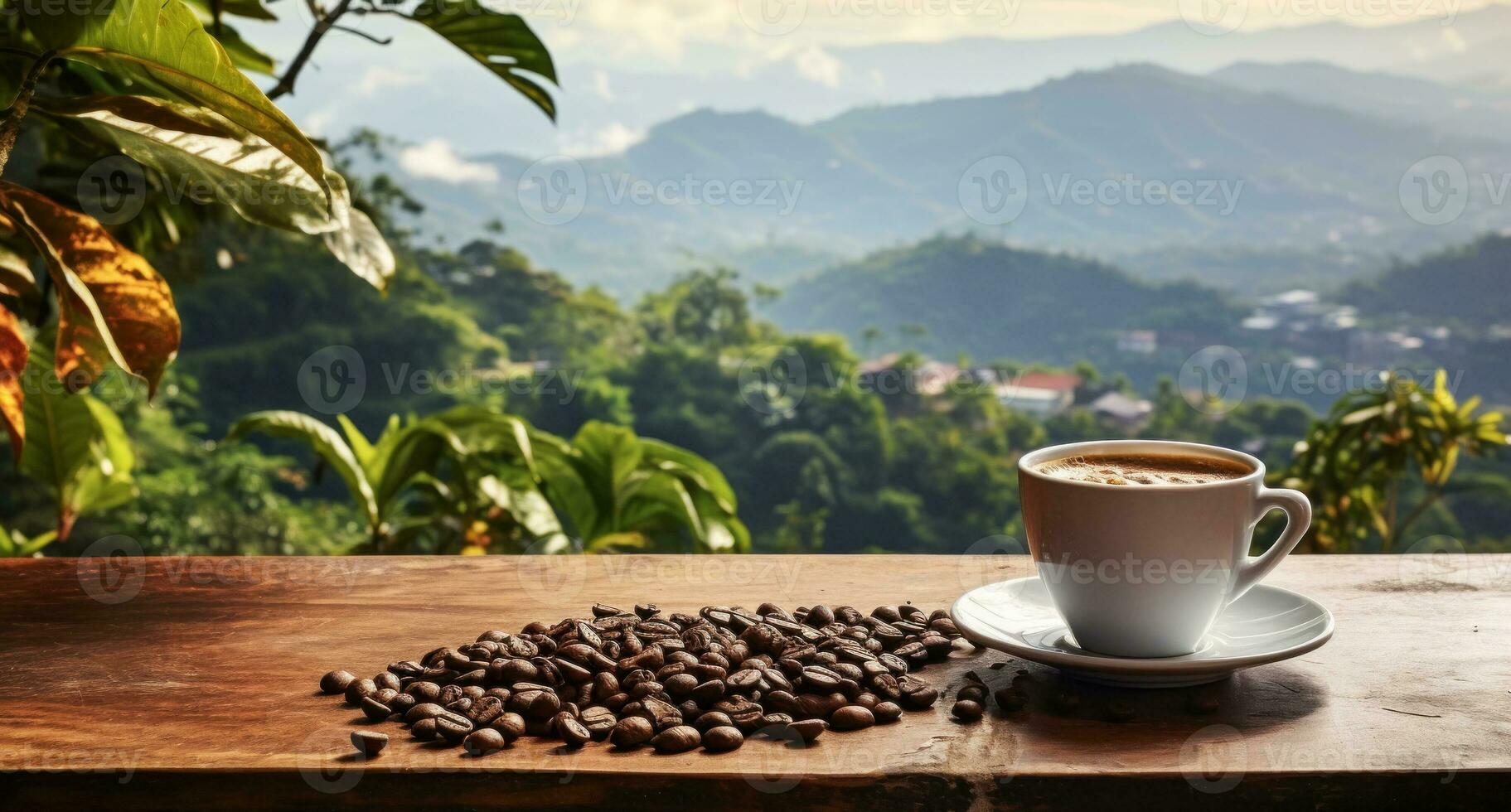 espresso and beans against background of coffee plantation, International Coffee Day. Generative AI photo
