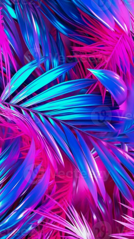 Neon palm leaves background, idea for wallpaper or phone case. AI generated photo