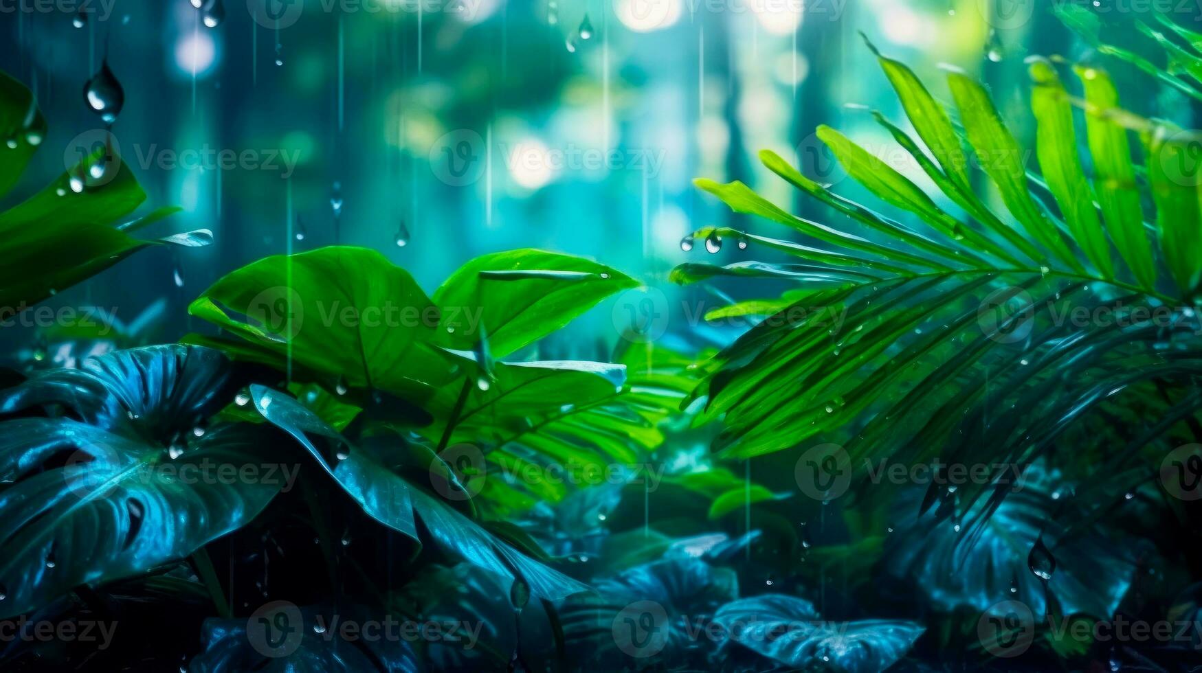 palm leaves and monstera in the rain in jungle, wallpaper idea for interior or cover. AI generated photo