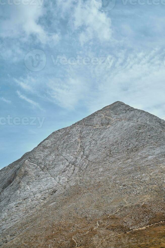 View of the peak of Mount Vihren of the Pirin massif, national park, vacation in Bulgaria, vertical frame photo