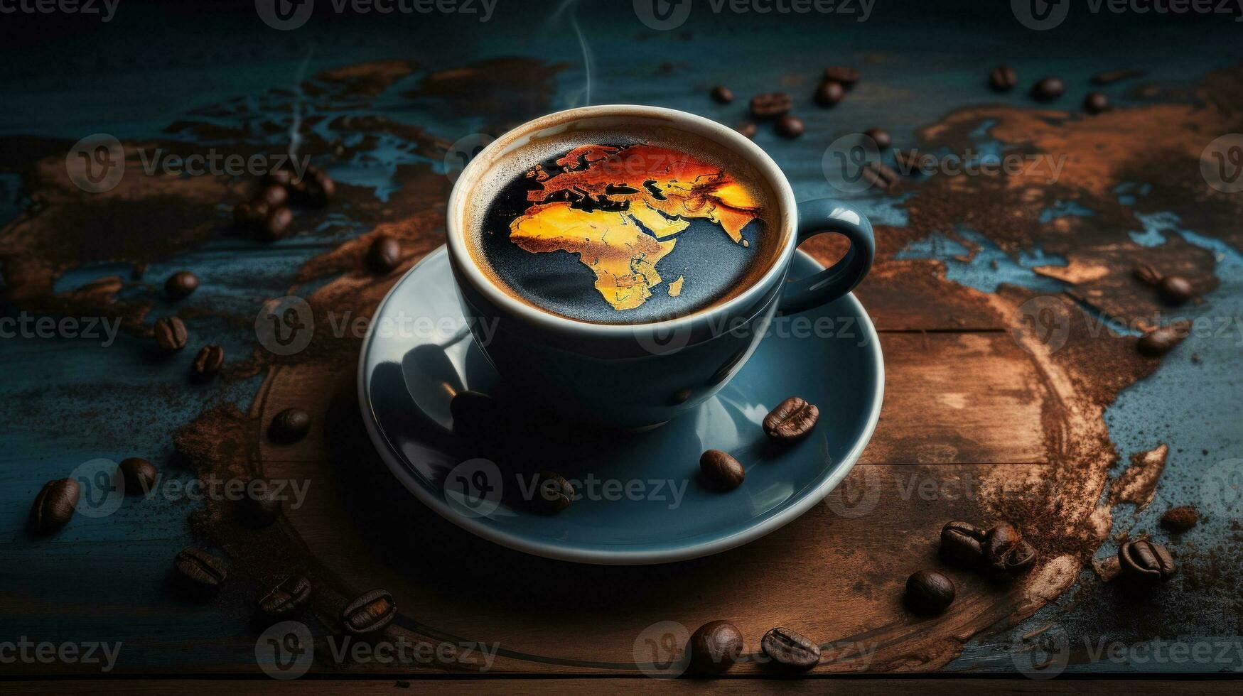 International Coffee Day greeting card, coffee cup with world map and coffee beans. Generative AI photo
