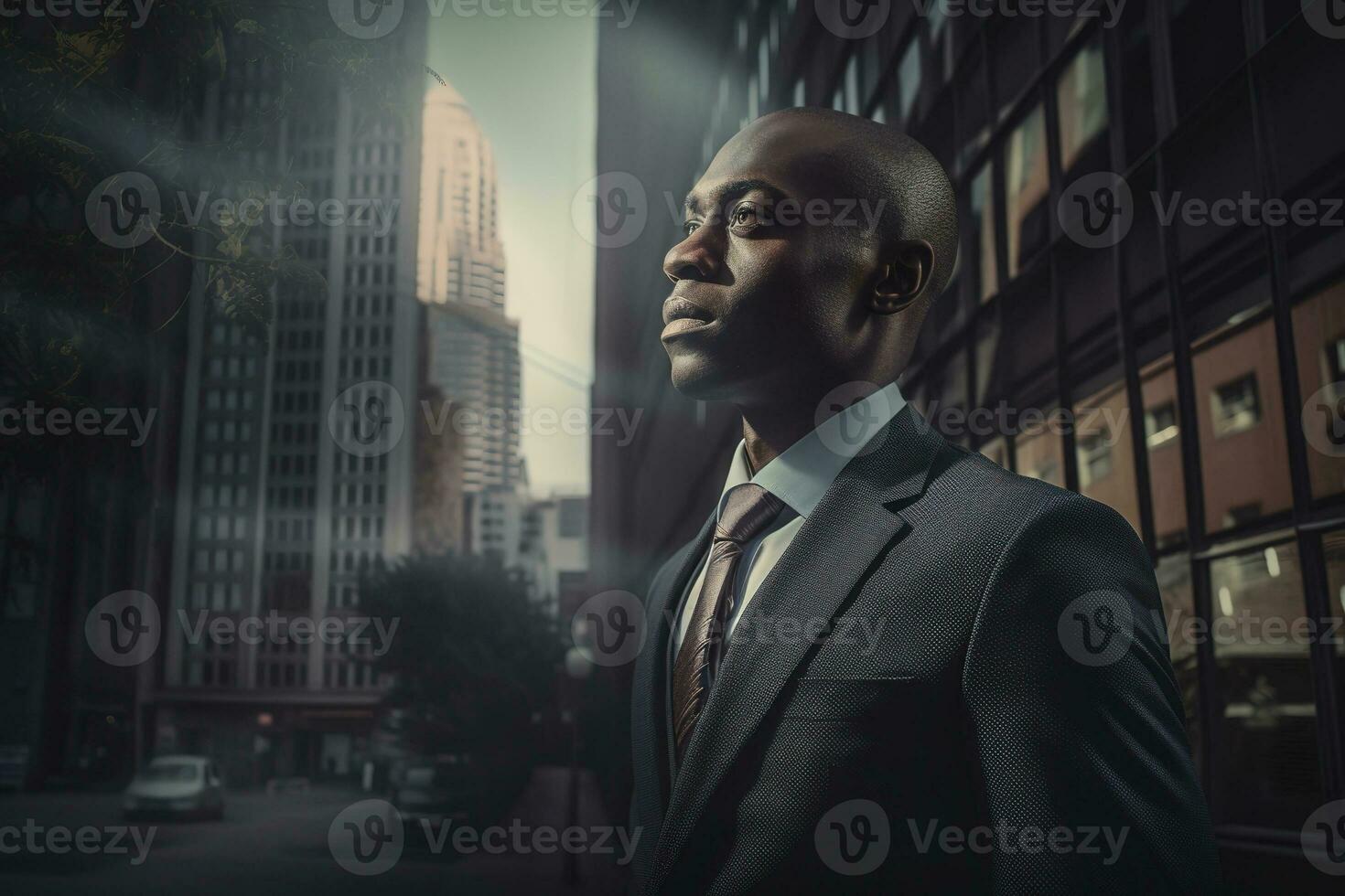 Thoughtful African American man in suit in melancholic city. Career challenge in city jungle concept. Generative AI photo