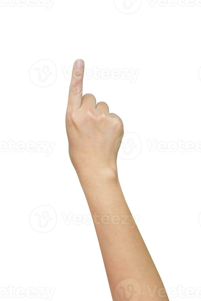 man hand touching or pointing to something isolated on white background photo