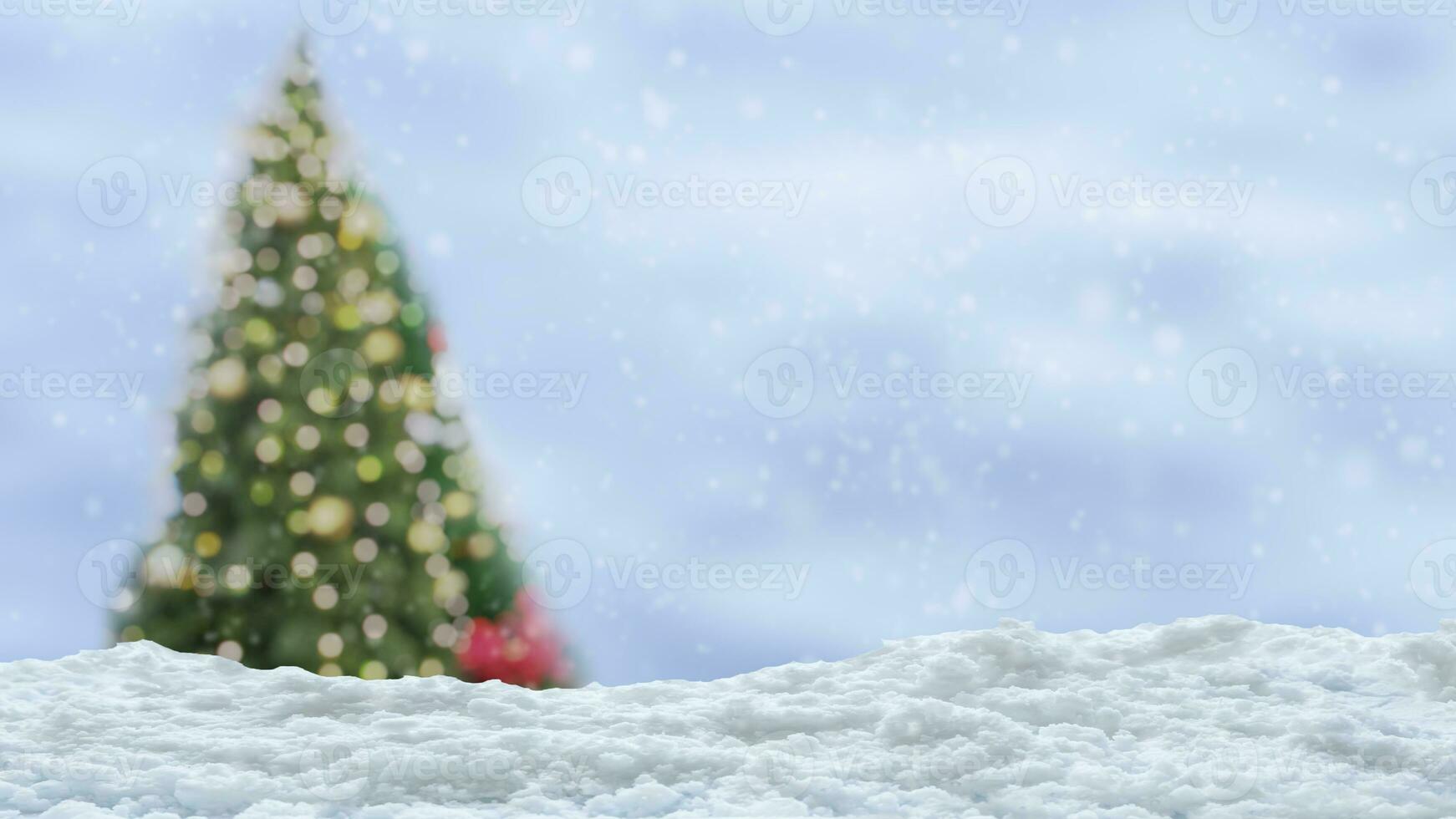 Empty white snow with blur Christmas tree with bokeh light background photo