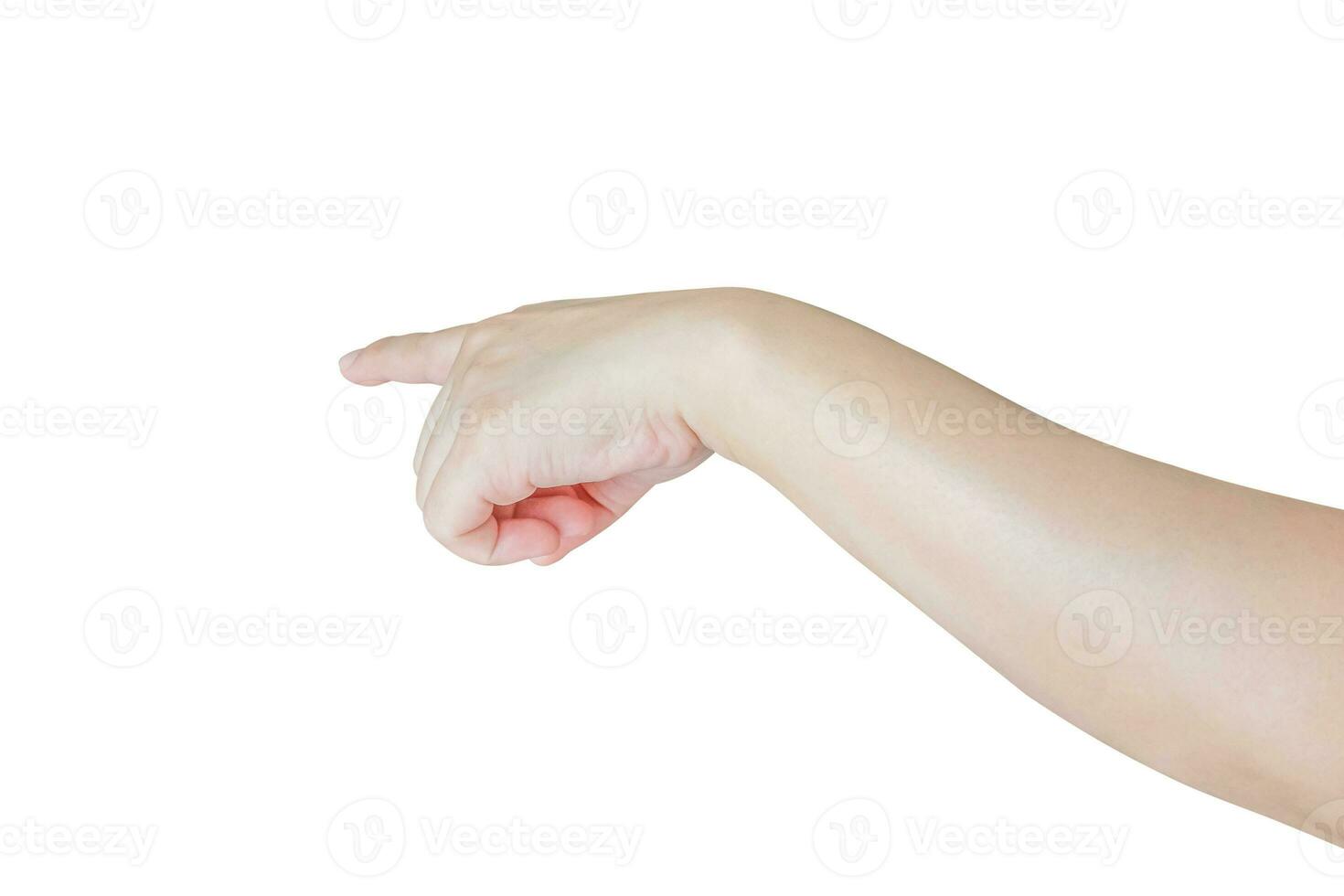 female hand touching or pointing to something isolated on white background photo