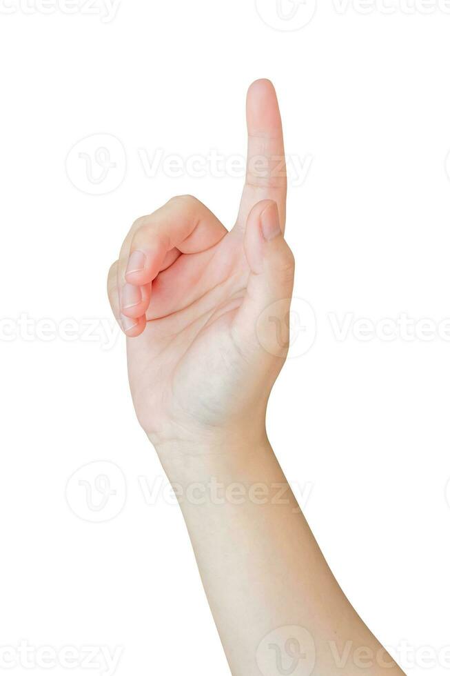 female hand touching or pointing to something isolated on white background photo