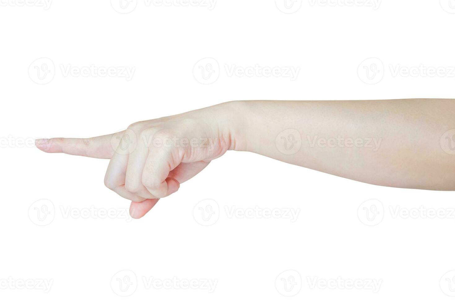 female hand touching or pointing to something isolated on white background photo