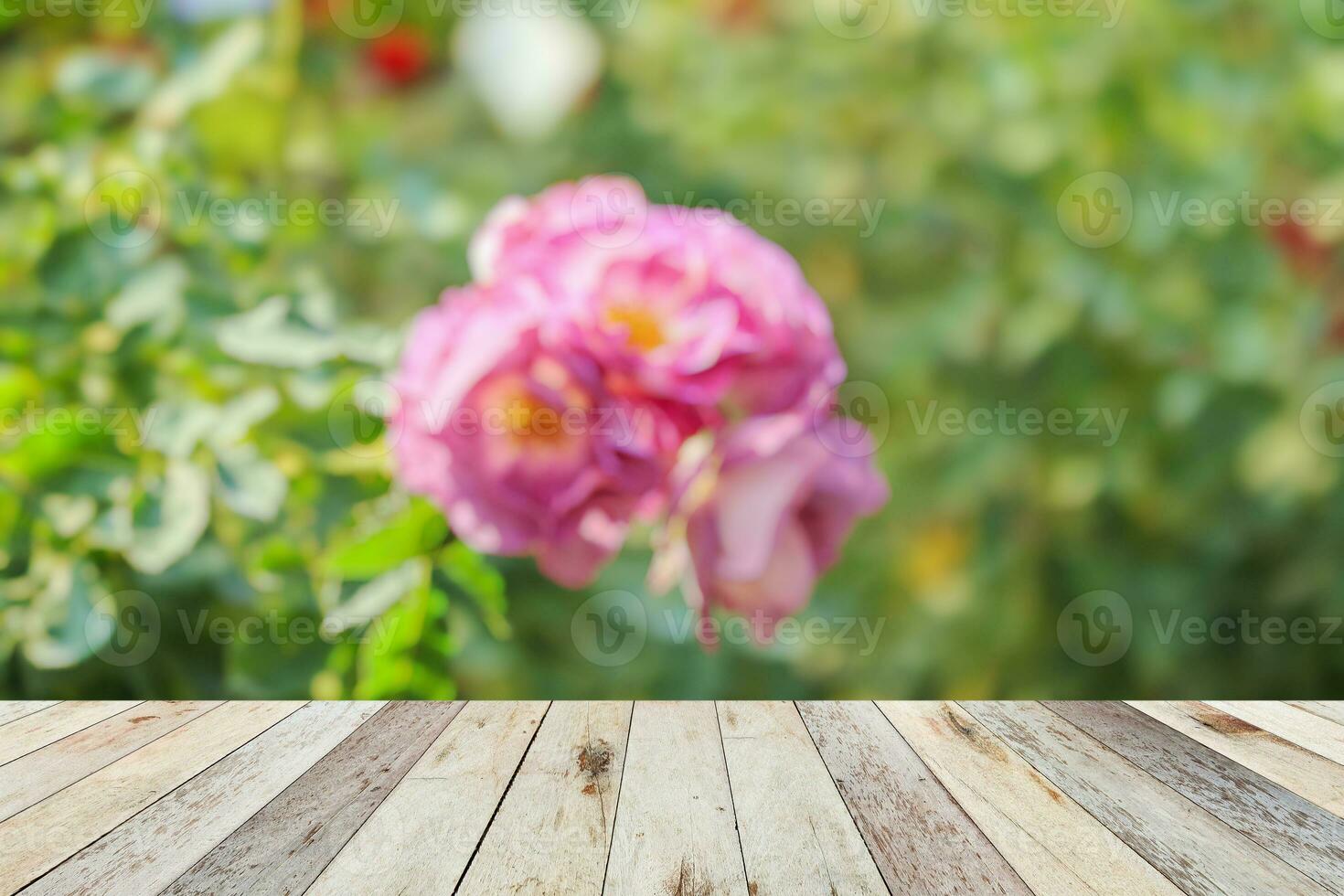 Empty wood table top with blur rose garden background for product display photo