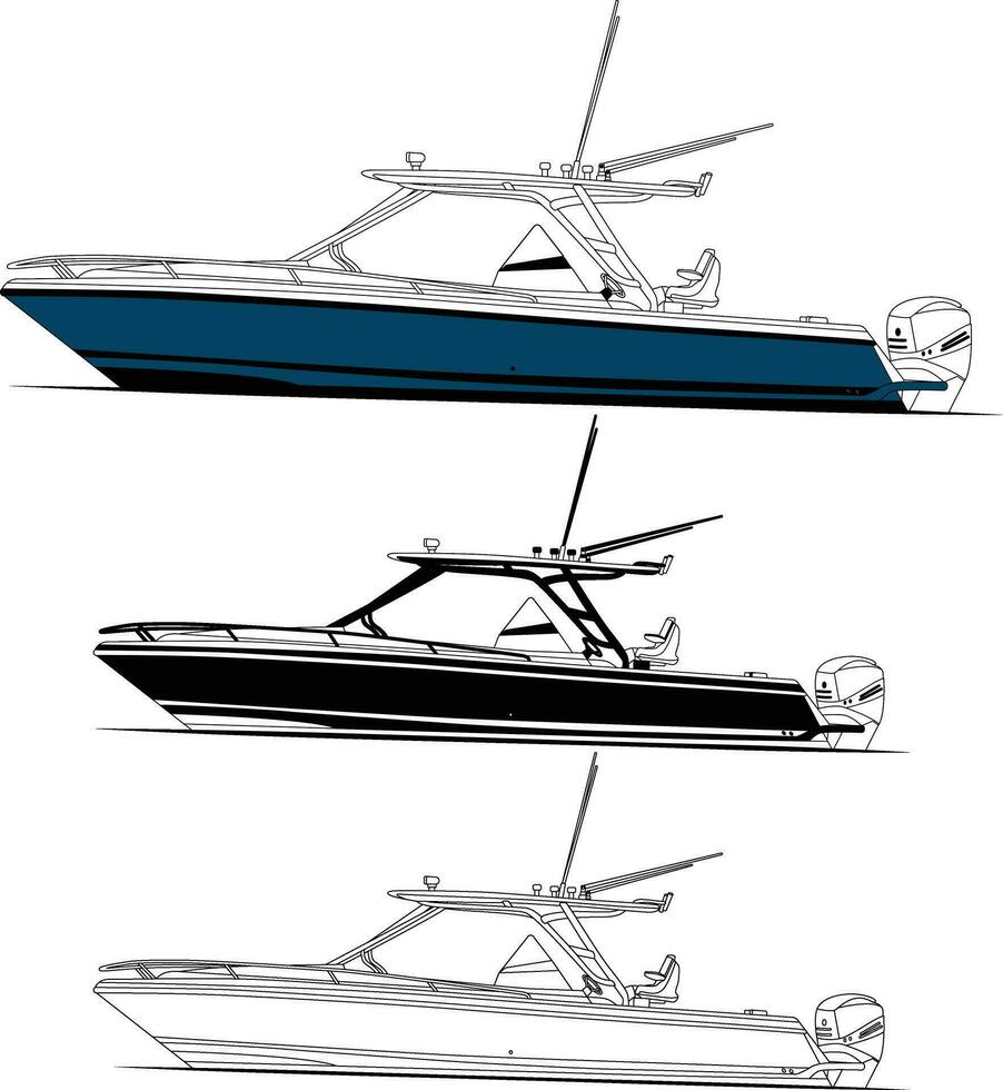 Side view fishing boat vector line art and one color
