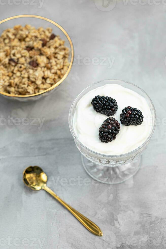 postre con yogur, hecho en casa Granola y Fresco moras, servido en de moda estampado claro vaso con dorado cuchara, gris antecedentes. sano vegano desayuno o bocadillo. Copiar espacio, selectivo atención foto