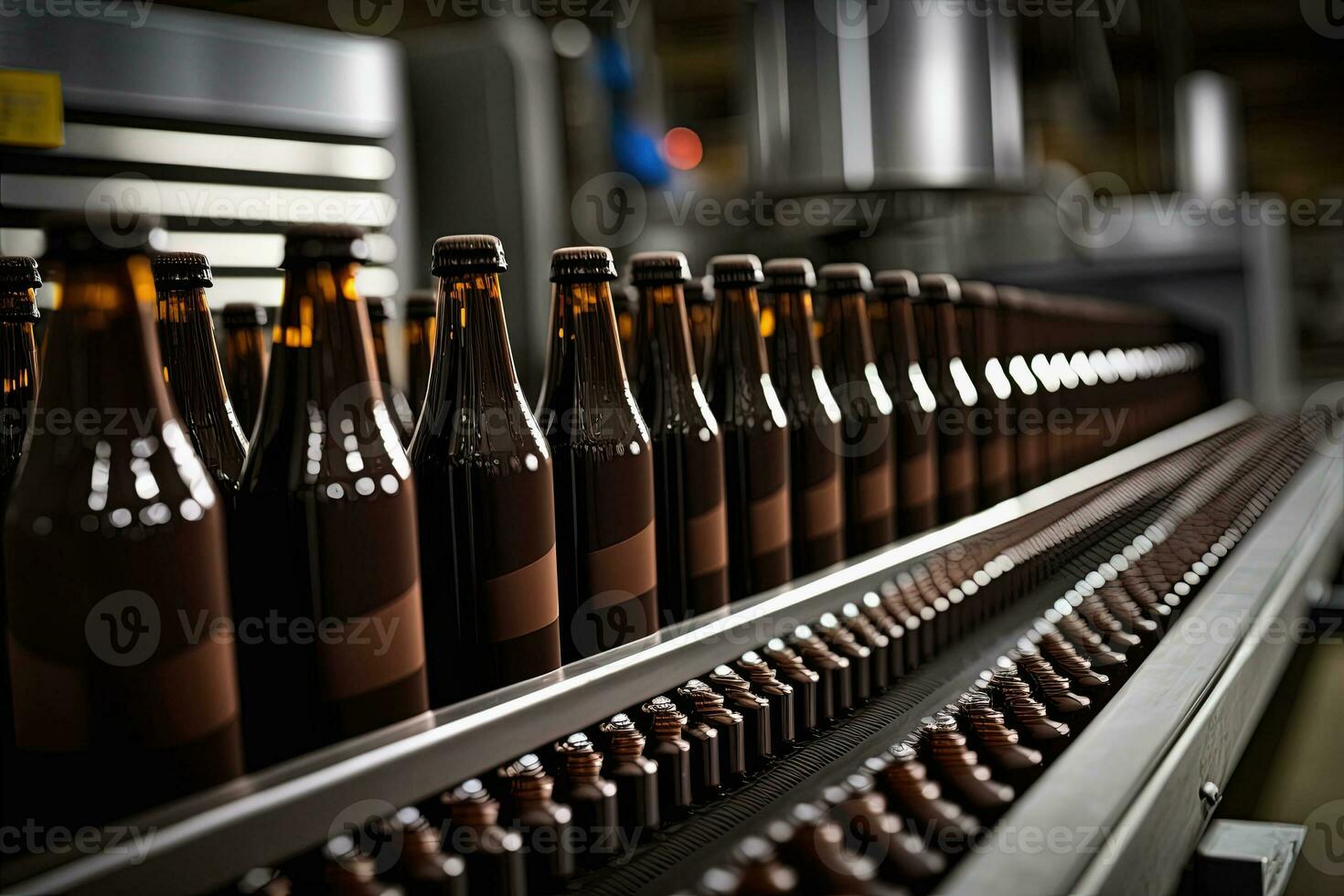 Beer bottles on production line. Conveyor belt in automated beer factory. Generative AI photo