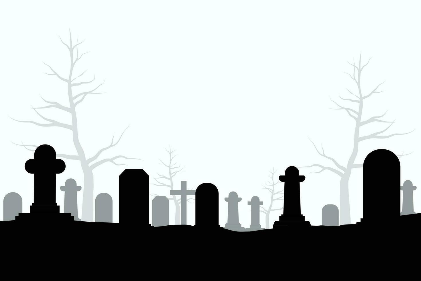 Halloween silhouette background with trees, tombstones, Cemetery in forest. vector