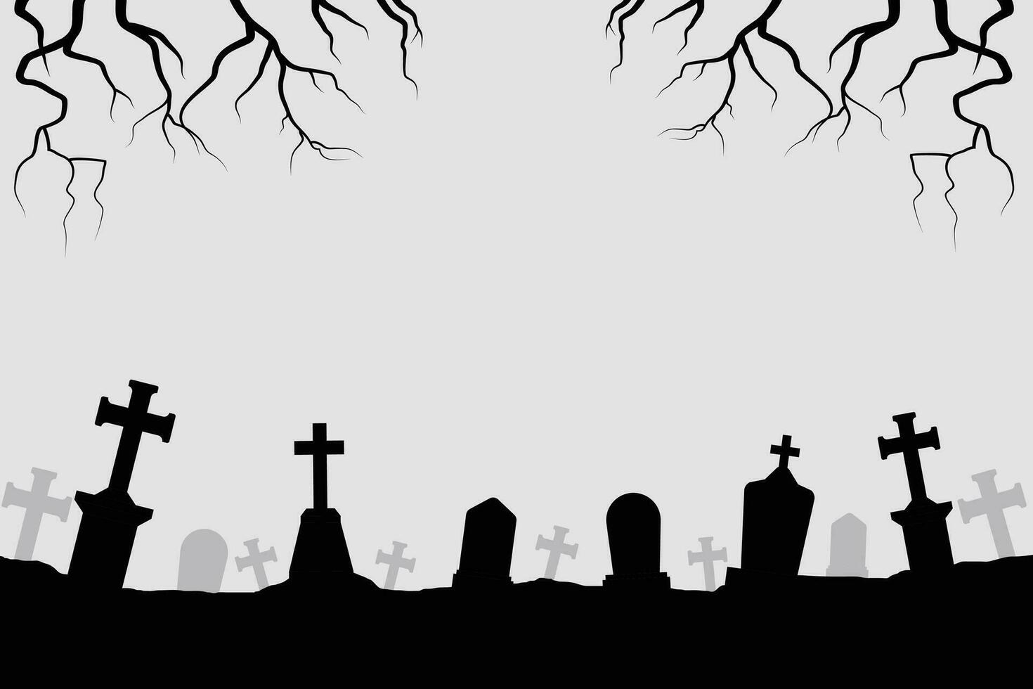 Halloween silhouette background with trees, tombstones, Cemetery in forest. vector