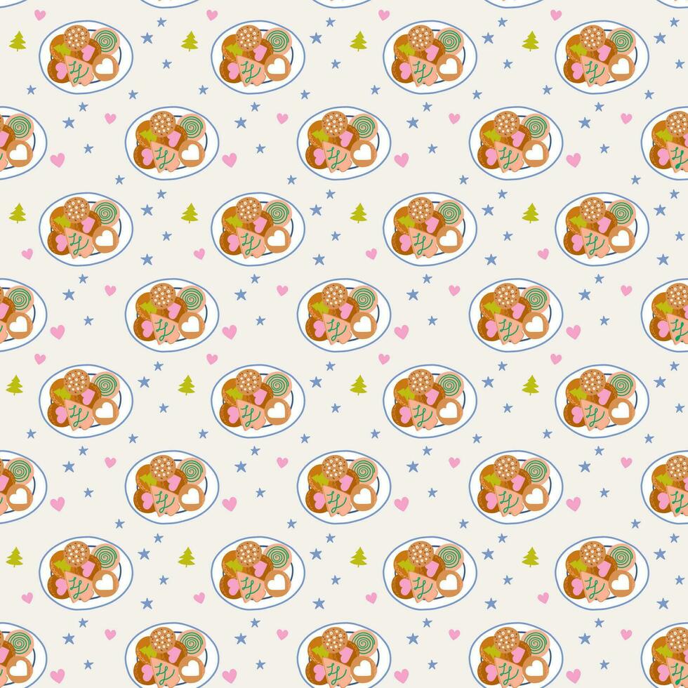 Christmas seamless pattern with traditional cookies. Winter holiday background. Vector flat style illustration for fabric, wrapping paper, scrapbooking, textile, poster, postcard design.