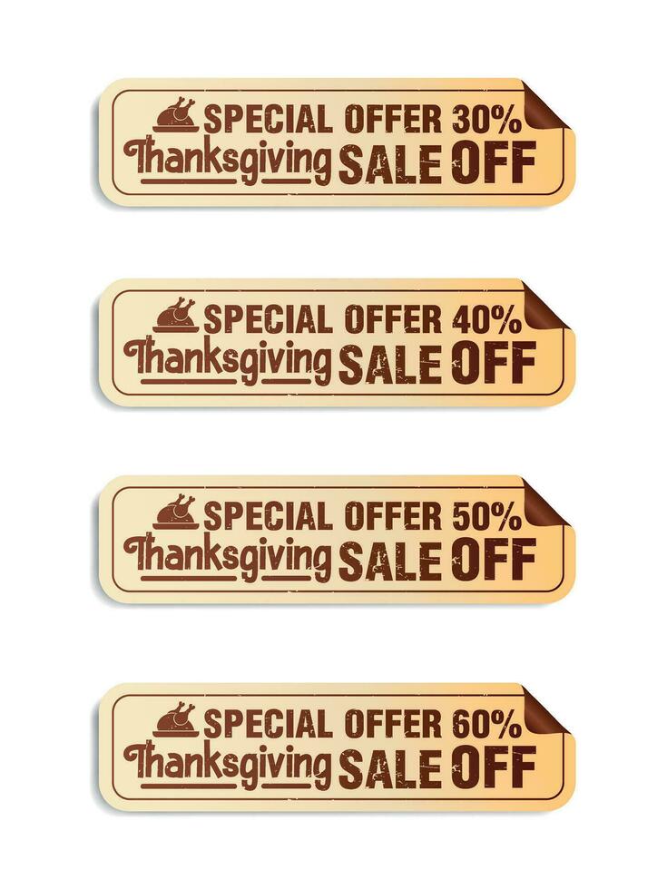 Thanksgiving day brown long stickers set. Sale 30, 40, 50, 60 off discount vector