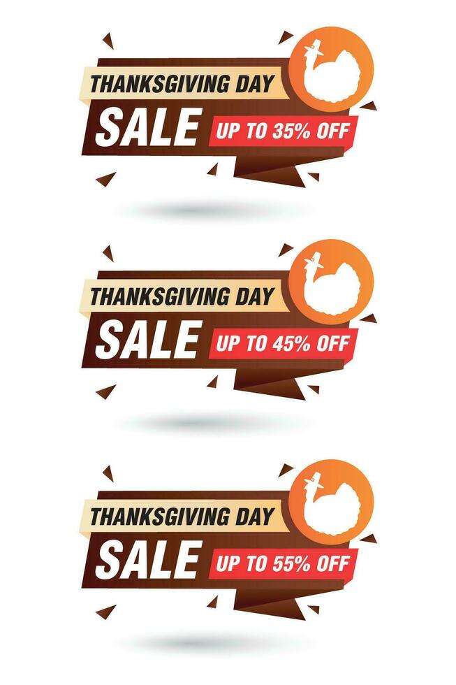 Thanksgiving day sale brown origami labels set. Sale 35, 45, 55 off discount vector