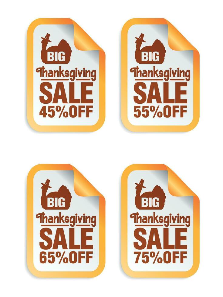 Big thanksgiving day sale stickers set. Sale 45, 55, 65, 75 off discount vector